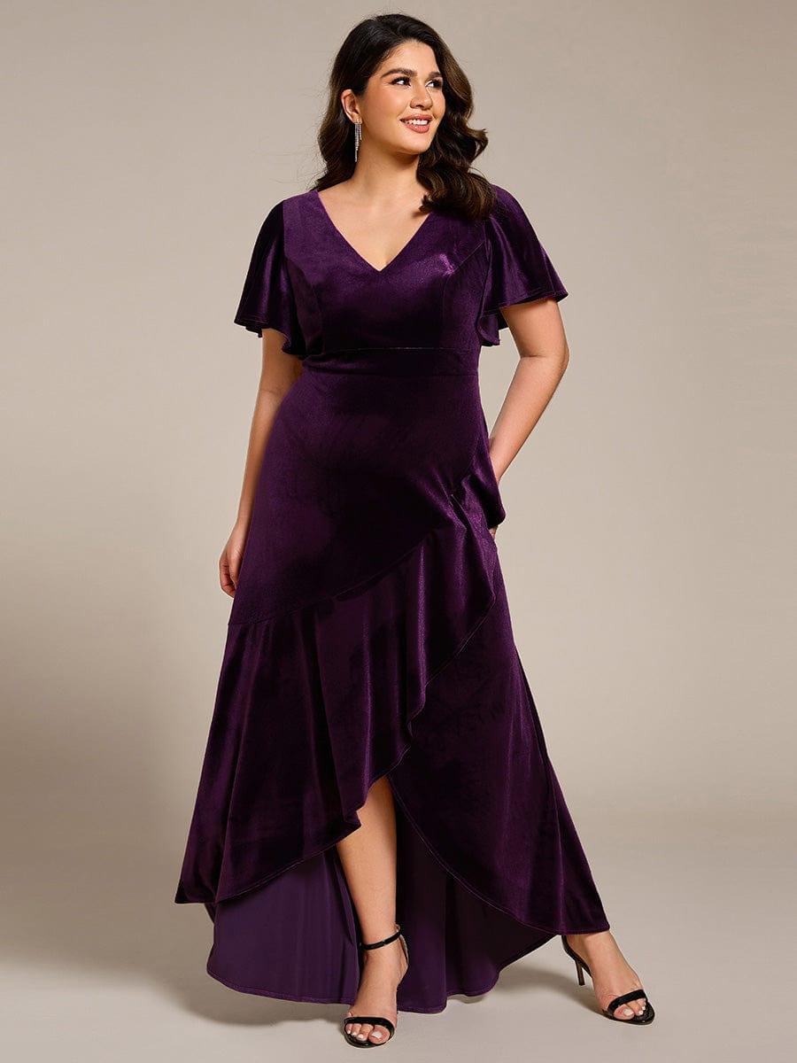 pretty SYLVA|Plus Size Lotus Leaf Hem A-Line V-Neck Ruffles Sleeve Velvet Evening Dress