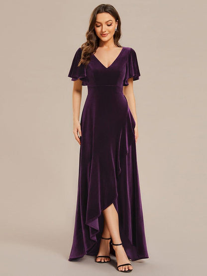 ever SYLVA|Double V-Neck Short Sleeves Stretchy Velvet Evening Dress with Lotus Leaf Hem