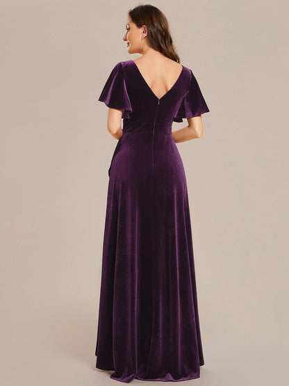 ever SYLVA|Double V-Neck Short Sleeves Stretchy Velvet Evening Dress with Lotus Leaf Hem