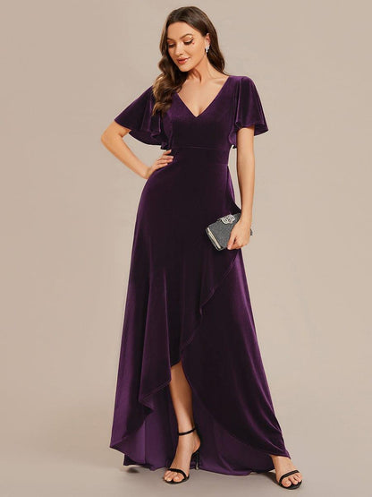 ever SYLVA|Double V-Neck Short Sleeves Stretchy Velvet Evening Dress with Lotus Leaf Hem