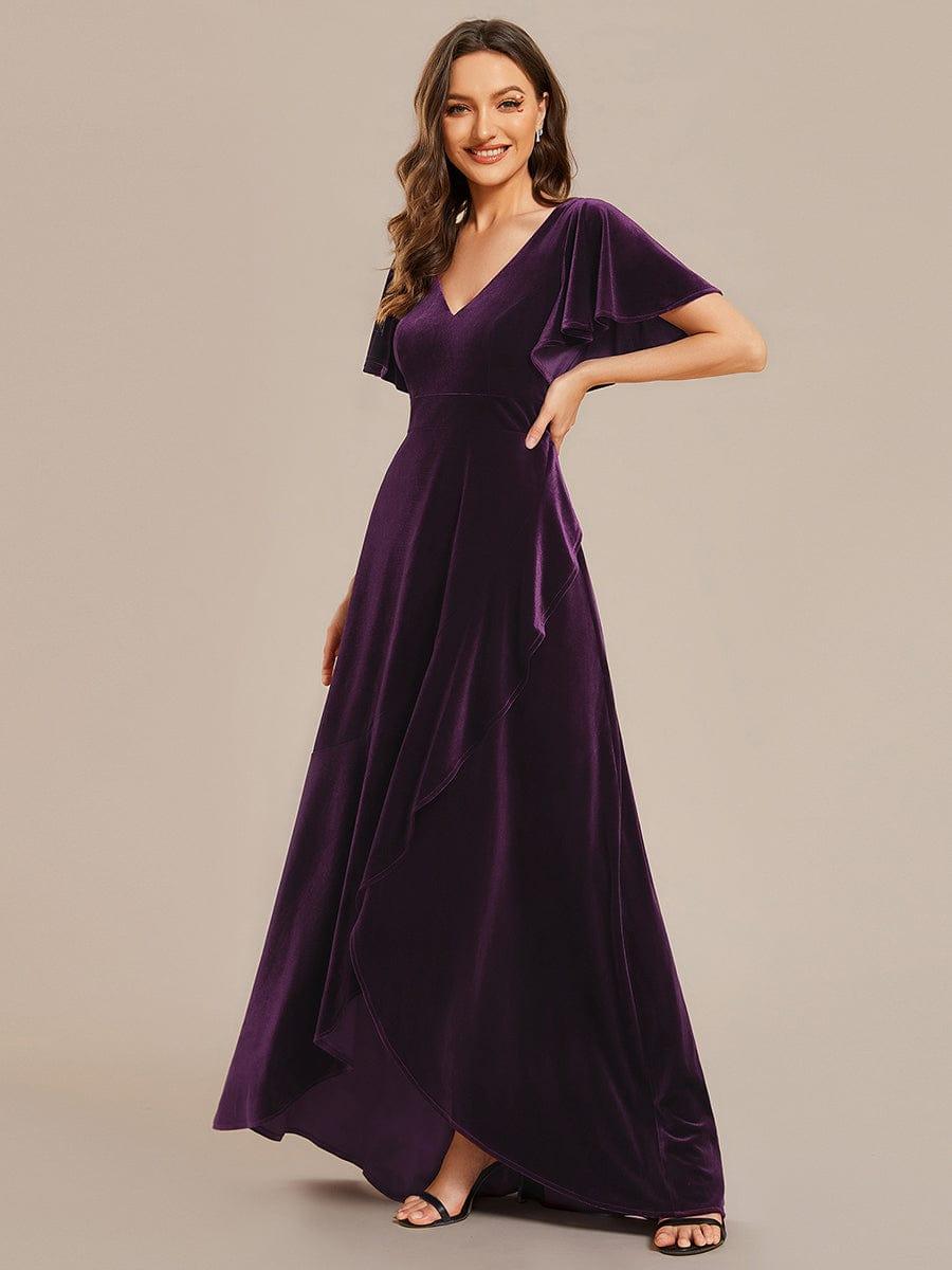 ever SYLVA|Double V-Neck Short Sleeves Stretchy Velvet Evening Dress with Lotus Leaf Hem