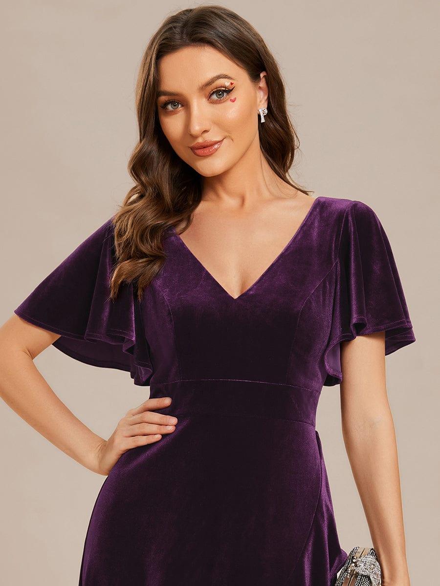 ever SYLVA|Double V-Neck Short Sleeves Stretchy Velvet Evening Dress with Lotus Leaf Hem