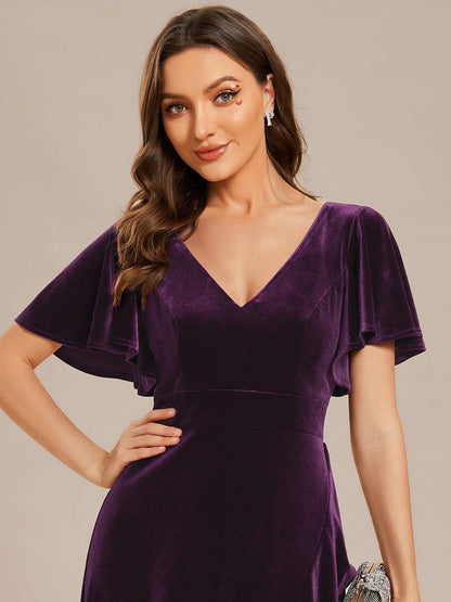 ever SYLVA|Double V-Neck Short Sleeves Stretchy Velvet Evening Dress with Lotus Leaf Hem