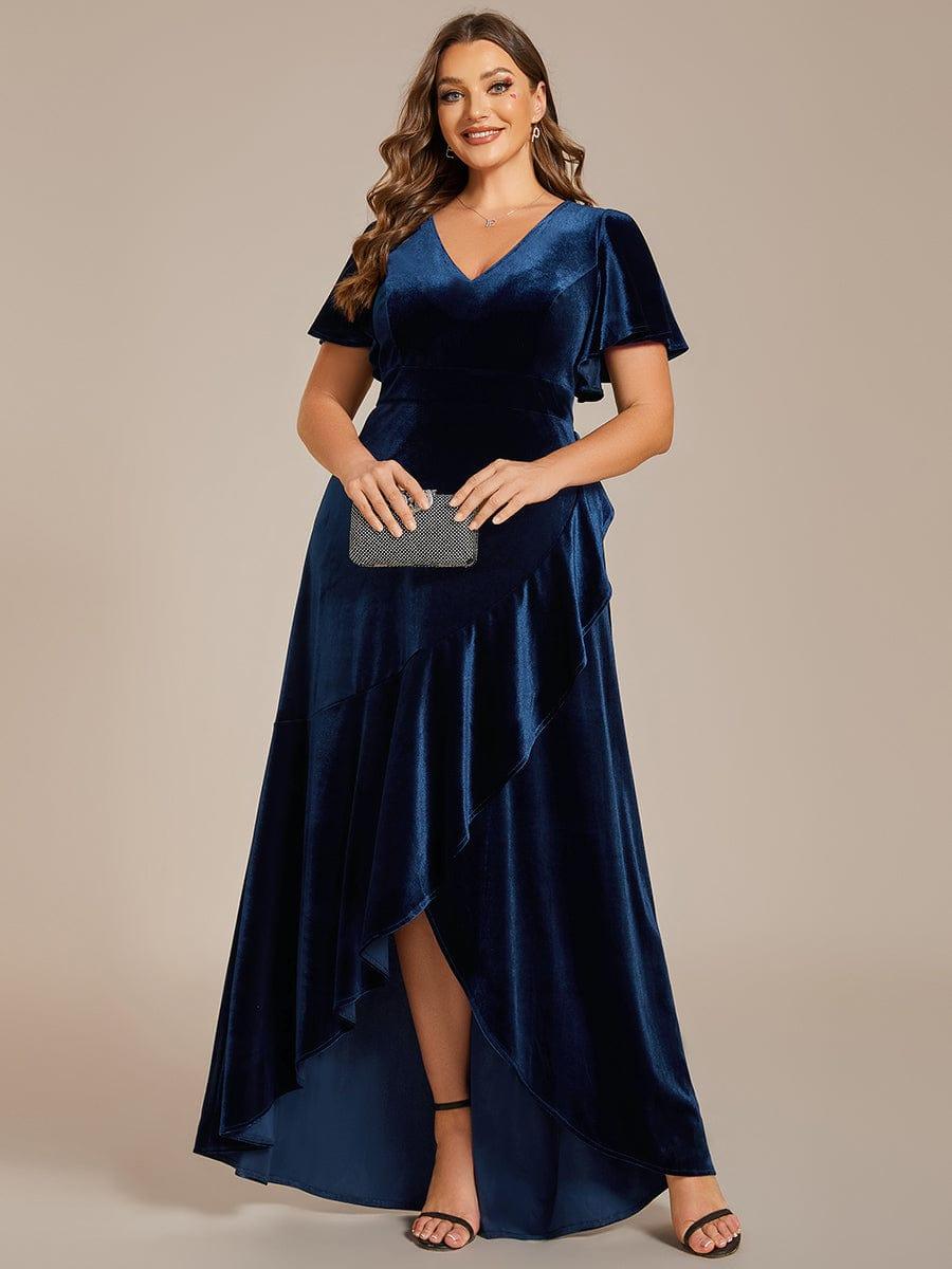 pretty SYLVA|Plus Size Lotus Leaf Hem A-Line V-Neck Ruffles Sleeve Velvet Evening Dress