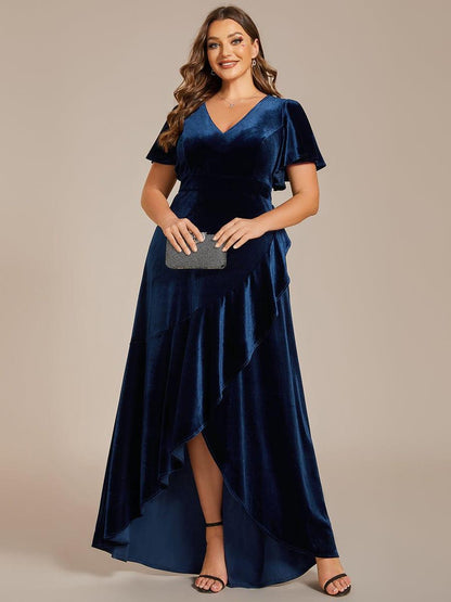 pretty SYLVA|Plus Size Lotus Leaf Hem A-Line V-Neck Ruffles Sleeve Velvet Evening Dress