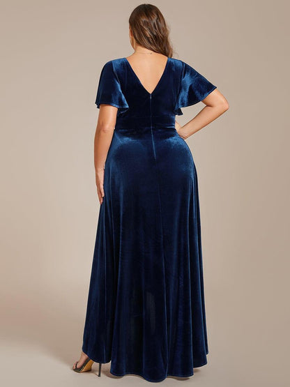 ever SYLVA|Double V-Neck Short Sleeves Stretchy Velvet Evening Dress with Lotus Leaf Hem
