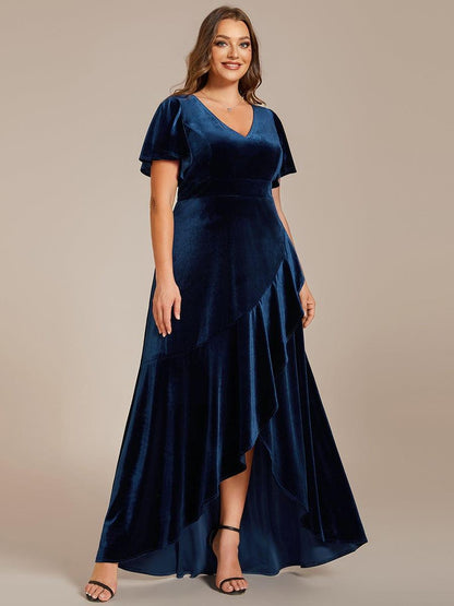 ever SYLVA|Double V-Neck Short Sleeves Stretchy Velvet Evening Dress with Lotus Leaf Hem