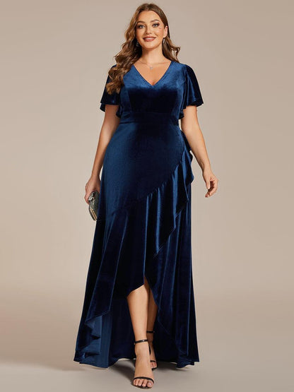 pretty SYLVA|Plus Size Lotus Leaf Hem A-Line V-Neck Ruffles Sleeve Velvet Evening Dress