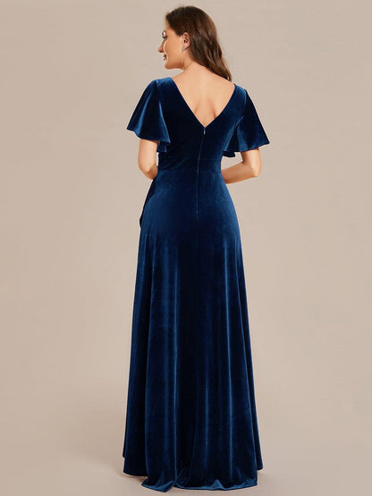 ever SYLVA|Double V-Neck Short Sleeves Stretchy Velvet Evening Dress with Lotus Leaf Hem
