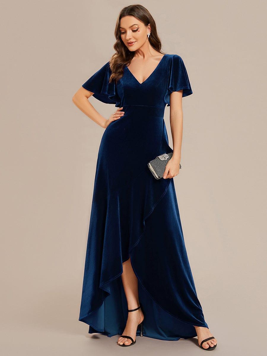 ever SYLVA|Double V-Neck Short Sleeves Stretchy Velvet Evening Dress with Lotus Leaf Hem
