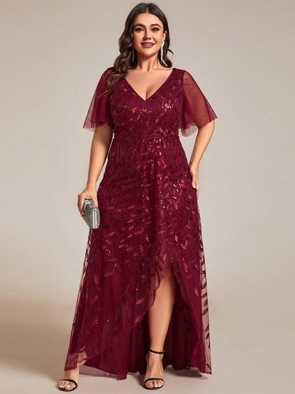 pretty ALIX|Plus Size Short Sleeves Sequin High Low V-Neck Midi Formal Evening Dress