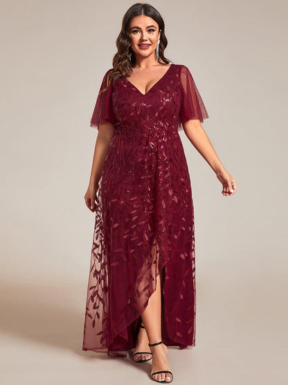 pretty ALIX|Plus Size Short Sleeves Sequin High Low V-Neck Midi Formal Evening Dress