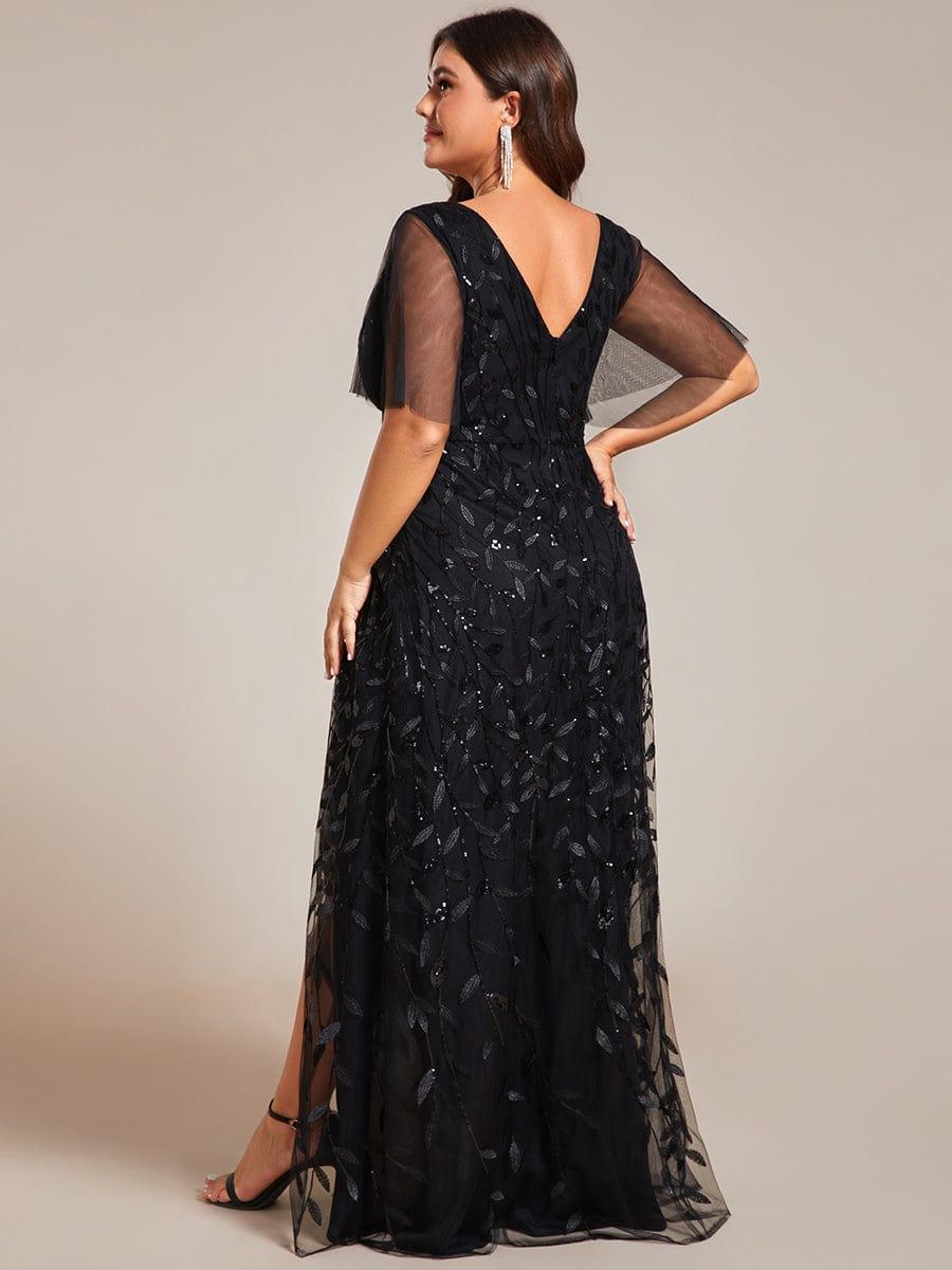pretty ALIX|Plus Size Short Sleeves Sequin High Low V-Neck Midi Formal Evening Dress