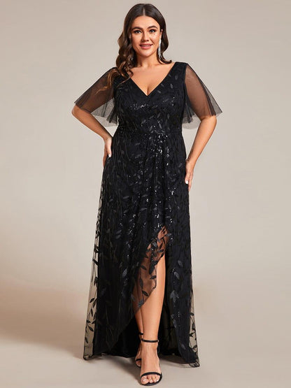 pretty ALIX|Plus Size Short Sleeves Sequin High Low V-Neck Midi Formal Evening Dress