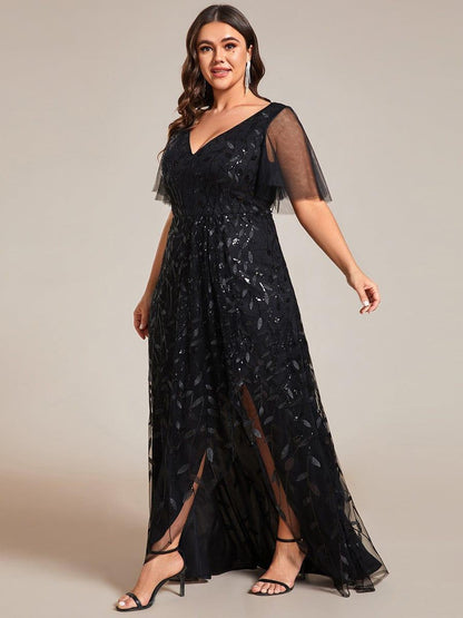 pretty ALIX|Plus Size Short Sleeves Sequin High Low V-Neck Midi Formal Evening Dress