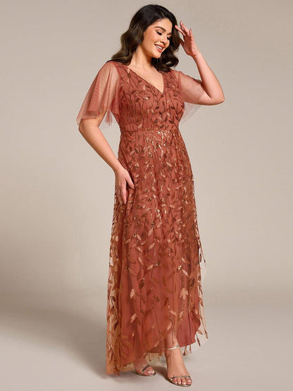 pretty ALIX|Plus Size Short Sleeves Sequin High Low V-Neck Midi Formal Evening Dress