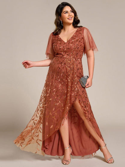 pretty ALIX|Plus Size Short Sleeves Sequin High Low V-Neck Midi Formal Evening Dress