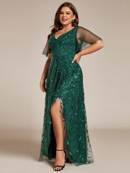 pretty ALIX|Plus Size Short Sleeves Sequin High Low V-Neck Midi Formal Evening Dress