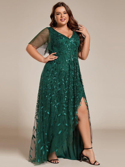 pretty ALIX|Plus Size Short Sleeves Sequin High Low V-Neck Midi Formal Evening Dress
