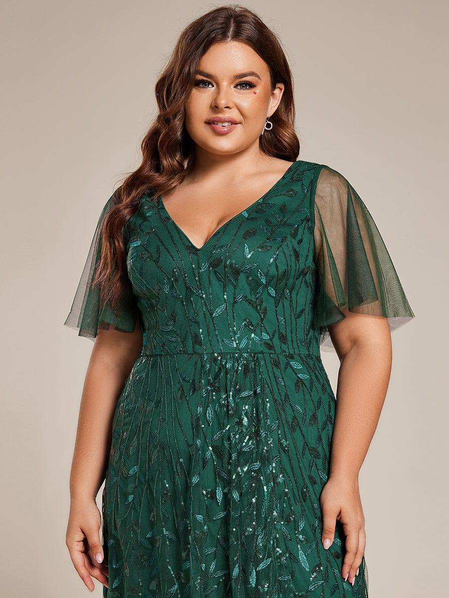 pretty ALIX|Plus Size Short Sleeves Sequin High Low V-Neck Midi Formal Evening Dress