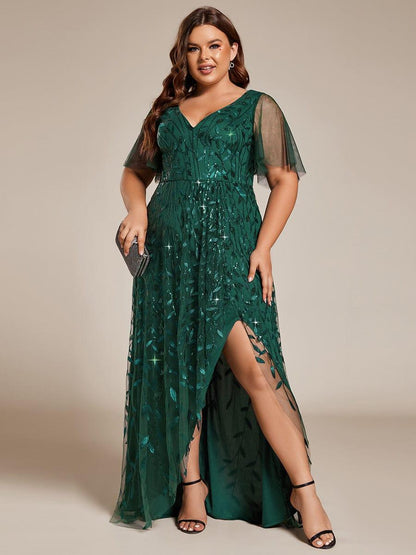 pretty ALIX|Plus Size Short Sleeves Sequin High Low V-Neck Midi Formal Evening Dress