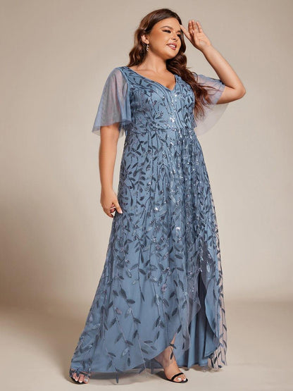 pretty ALIX|Plus Size Short Sleeves Sequin High Low V-Neck Midi Formal Evening Dress