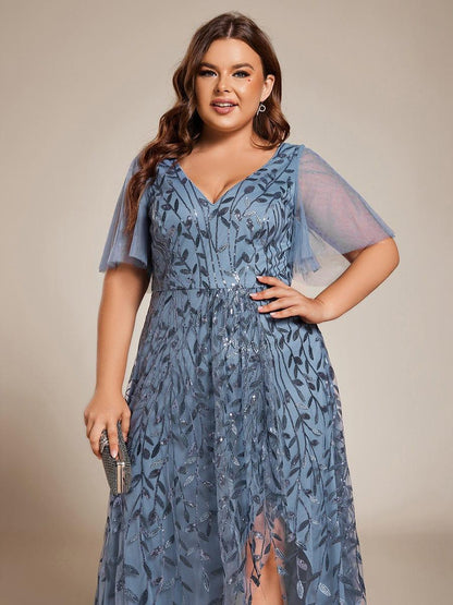 pretty ALIX|Plus Size Short Sleeves Sequin High Low V-Neck Midi Formal Evening Dress