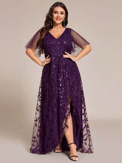pretty ALIX|Plus Size Short Sleeves Sequin High Low V-Neck Midi Formal Evening Dress