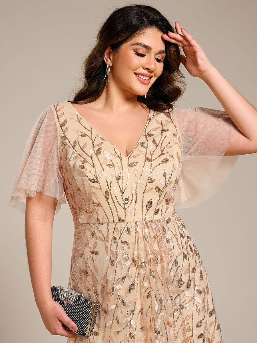 pretty ALIX|Plus Size Short Sleeves Sequin High Low V-Neck Midi Formal Evening Dress