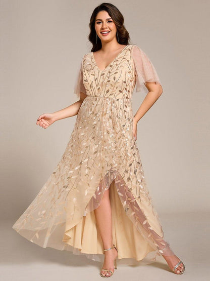 pretty ALIX|Plus Size Short Sleeves Sequin High Low V-Neck Midi Formal Evening Dress