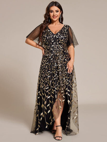 pretty ALIX|Plus Size Short Sleeves Sequin High Low V-Neck Midi Formal Evening Dress