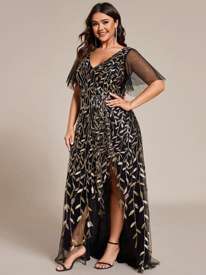 pretty ALIX|Plus Size Short Sleeves Sequin High Low V-Neck Midi Formal Evening Dress