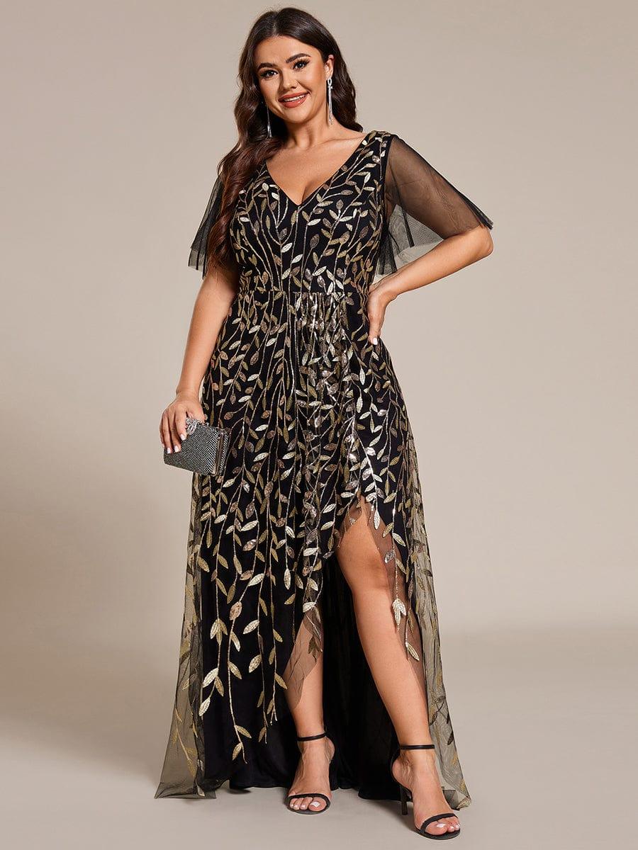 pretty ALIX|Plus Size Short Sleeves Sequin High Low V-Neck Midi Formal Evening Dress