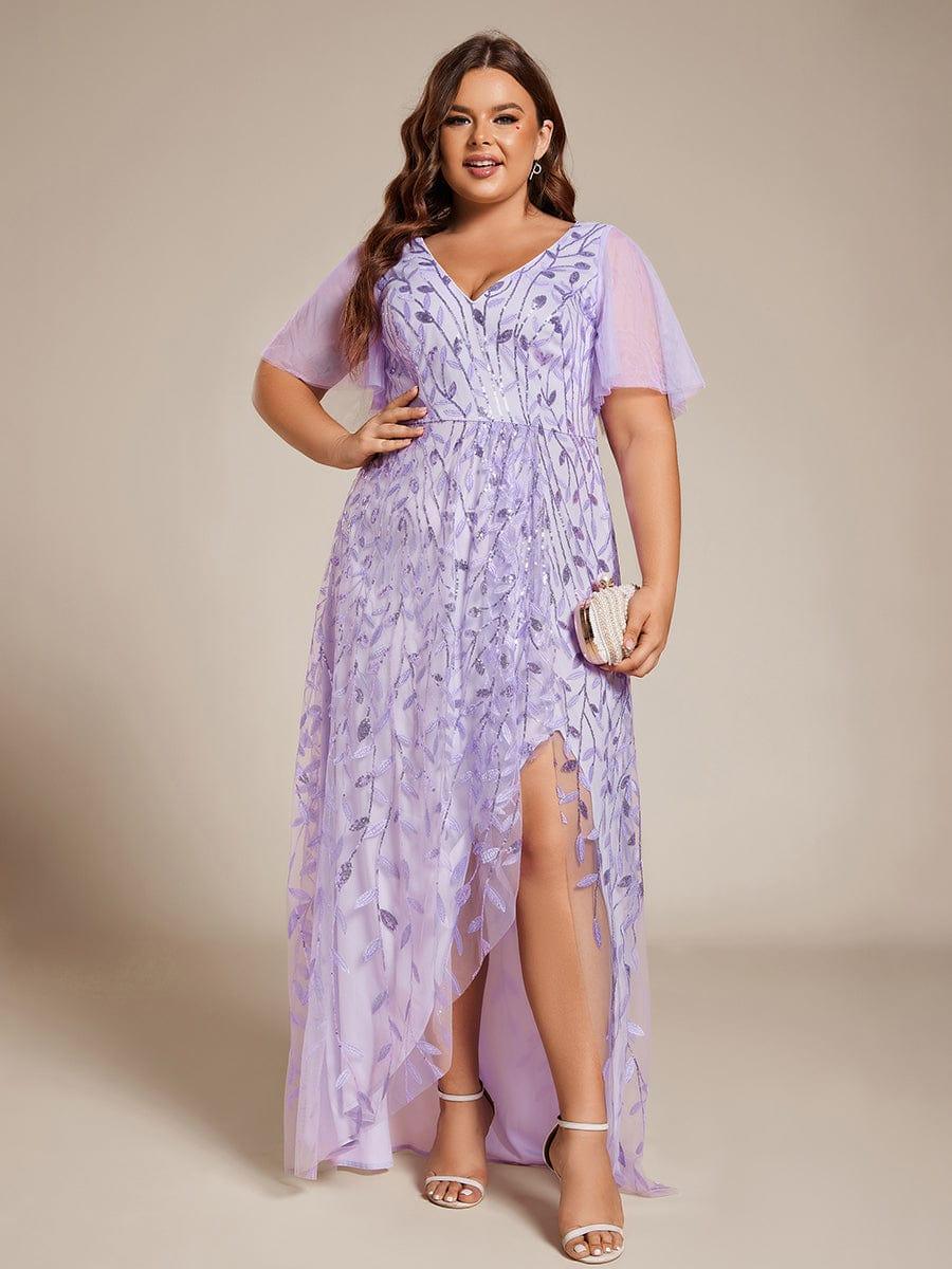 pretty ALIX|Plus Size Short Sleeves Sequin High Low V-Neck Midi Formal Evening Dress
