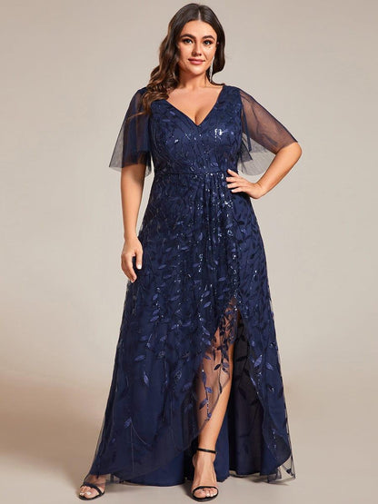 pretty ALIX|Plus Size Short Sleeves Sequin High Low V-Neck Midi Formal Evening Dress
