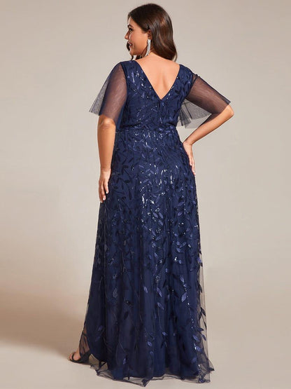 pretty ALIX|Plus Size Short Sleeves Sequin High Low V-Neck Midi Formal Evening Dress