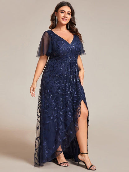 pretty ALIX|Plus Size Short Sleeves Sequin High Low V-Neck Midi Formal Evening Dress