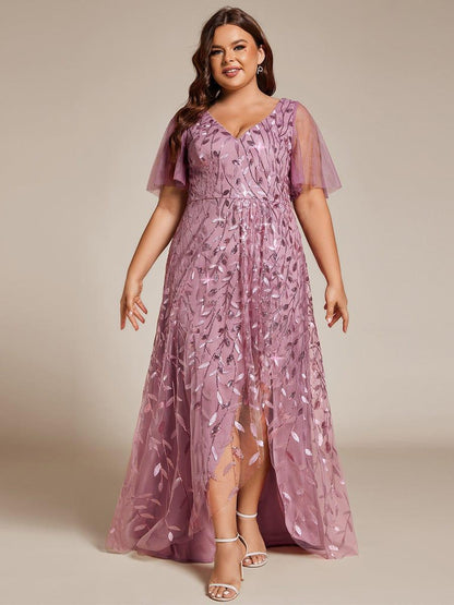 pretty ALIX|Plus Size Short Sleeves Sequin High Low V-Neck Midi Formal Evening Dress