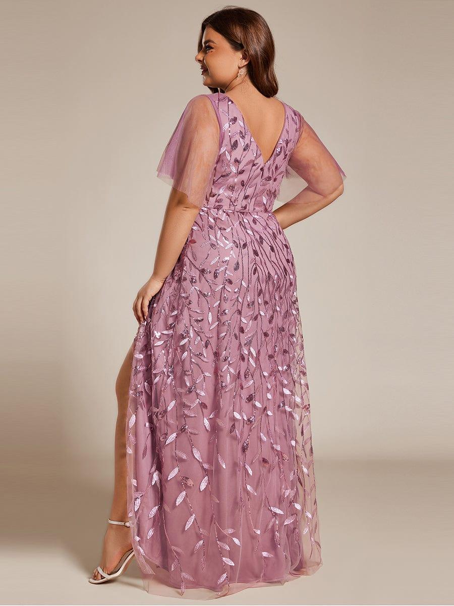 pretty ALIX|Plus Size Short Sleeves Sequin High Low V-Neck Midi Formal Evening Dress