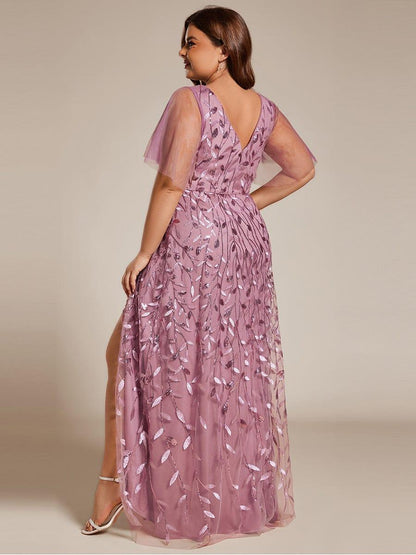 pretty ALIX|Plus Size Short Sleeves Sequin High Low V-Neck Midi Formal Evening Dress