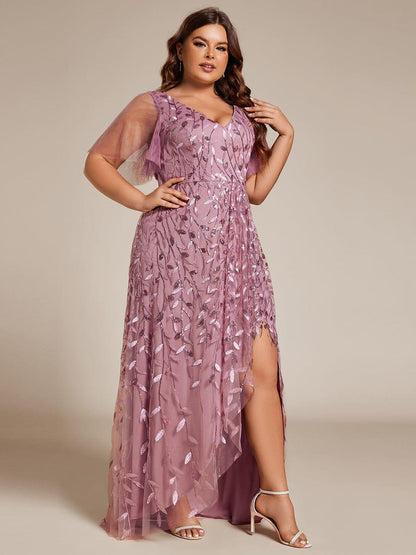 pretty ALIX|Plus Size Short Sleeves Sequin High Low V-Neck Midi Formal Evening Dress