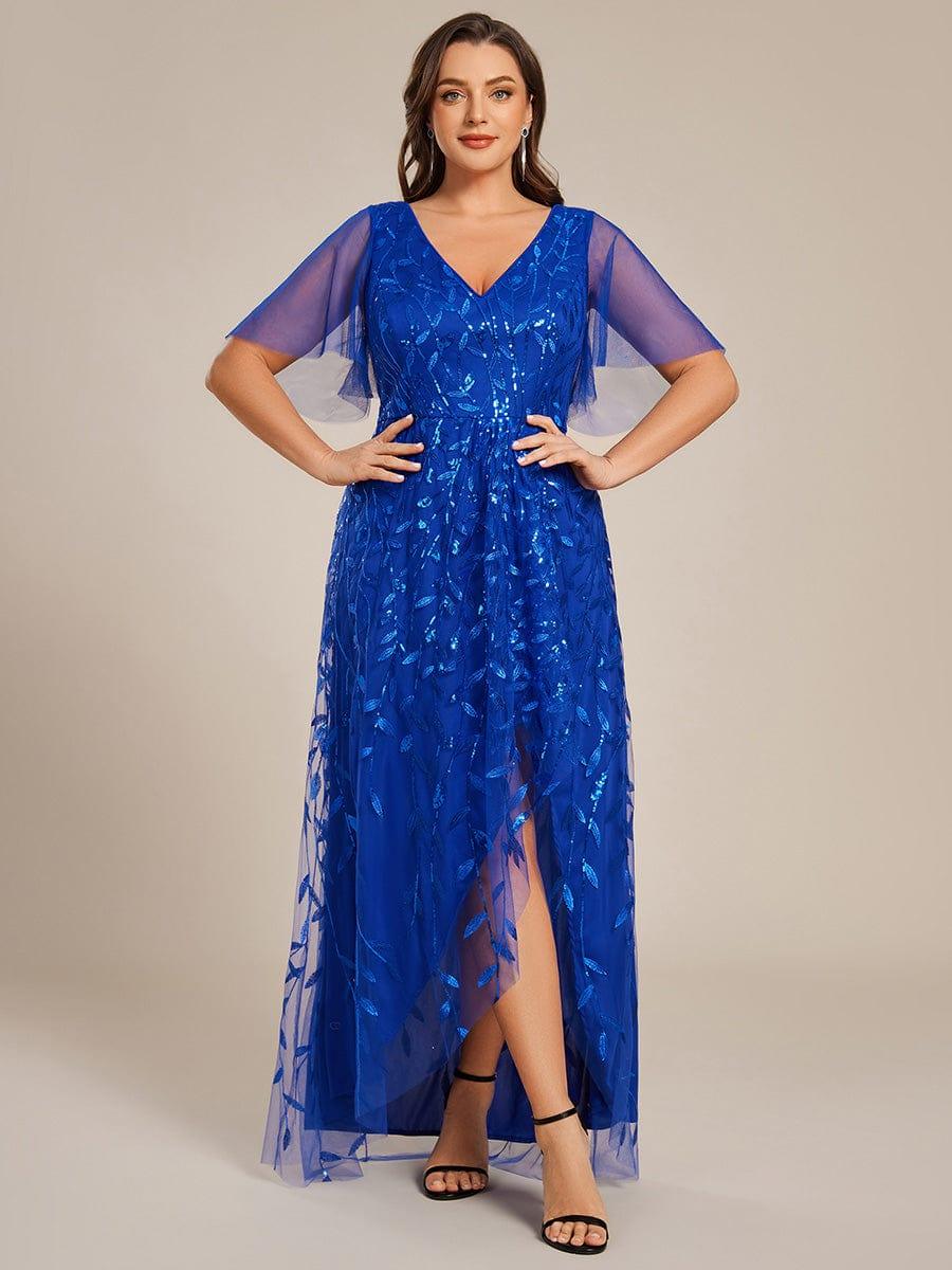pretty ALIX|Plus Size Short Sleeves Sequin High Low V-Neck Midi Formal Evening Dress