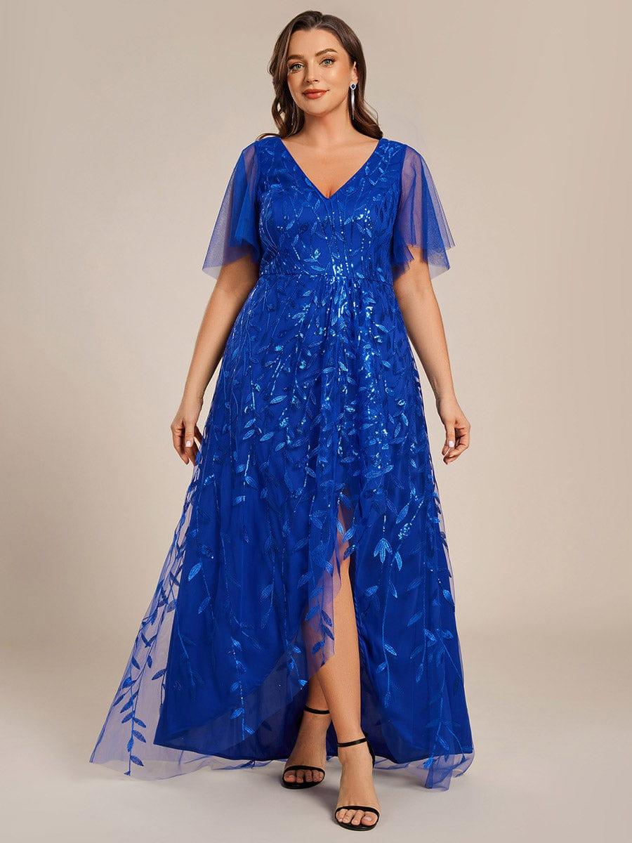 pretty ALIX|Plus Size Short Sleeves Sequin High Low V-Neck Midi Formal Evening Dress
