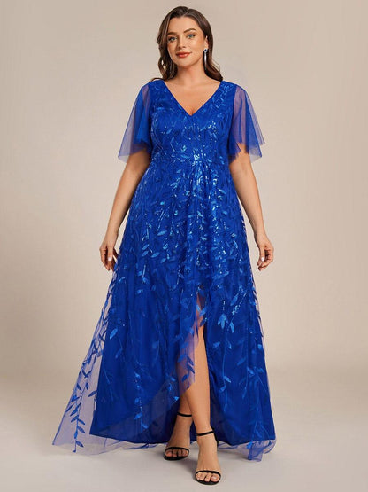 pretty ALIX|Plus Size Short Sleeves Sequin High Low V-Neck Midi Formal Evening Dress