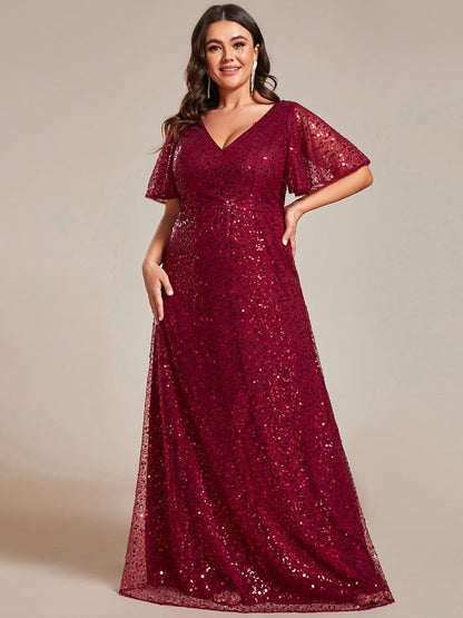 pretty ARIA|Plus Size See-Through Short Sleeves Maxi Sequin Formal Evening Dress