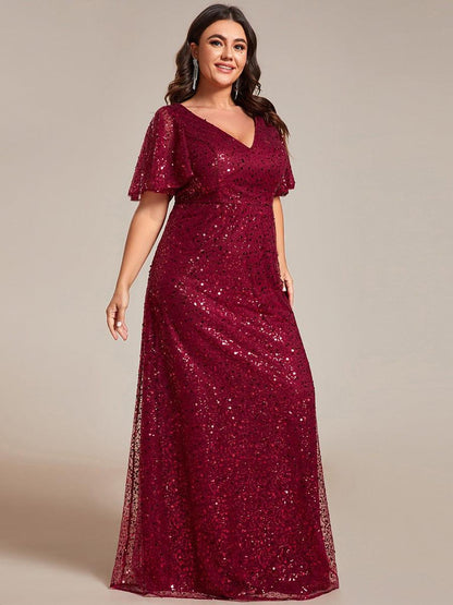 pretty ARIA|Plus Size See-Through Short Sleeves Maxi Sequin Formal Evening Dress