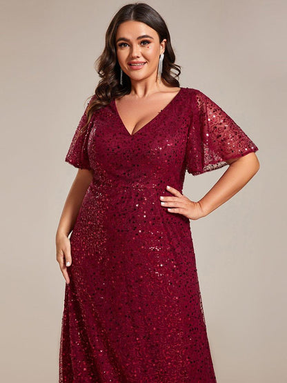 ever ARIA|Shimmering All Over Sequin Short Sleeves A-Line Formal Evening Dress