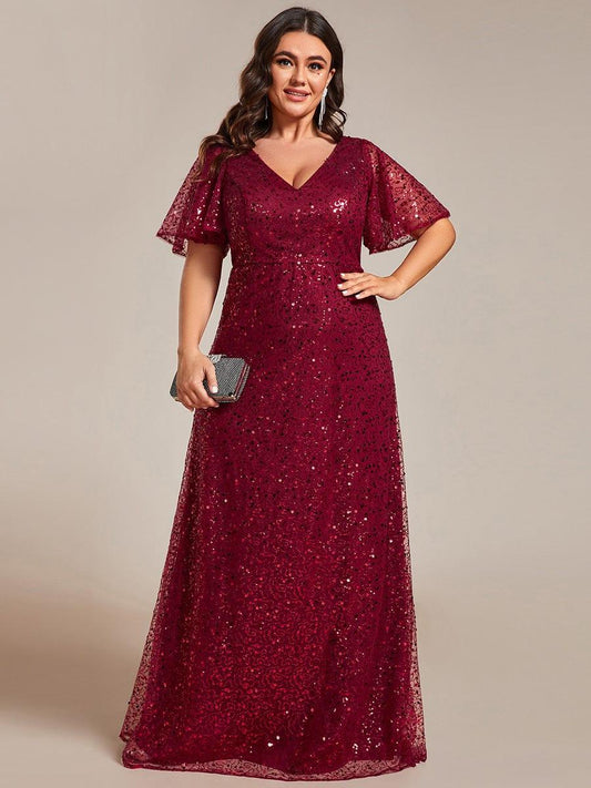 pretty ARIA|Plus Size See-Through Short Sleeves Maxi Sequin Formal Evening Dress
