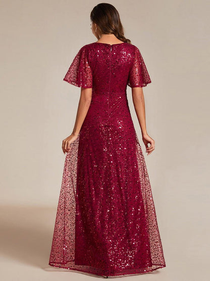 ever ARIA|Shimmering All Over Sequin Short Sleeves A-Line Formal Evening Dress