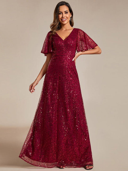 ever ARIA|Shimmering All Over Sequin Short Sleeves A-Line Formal Evening Dress